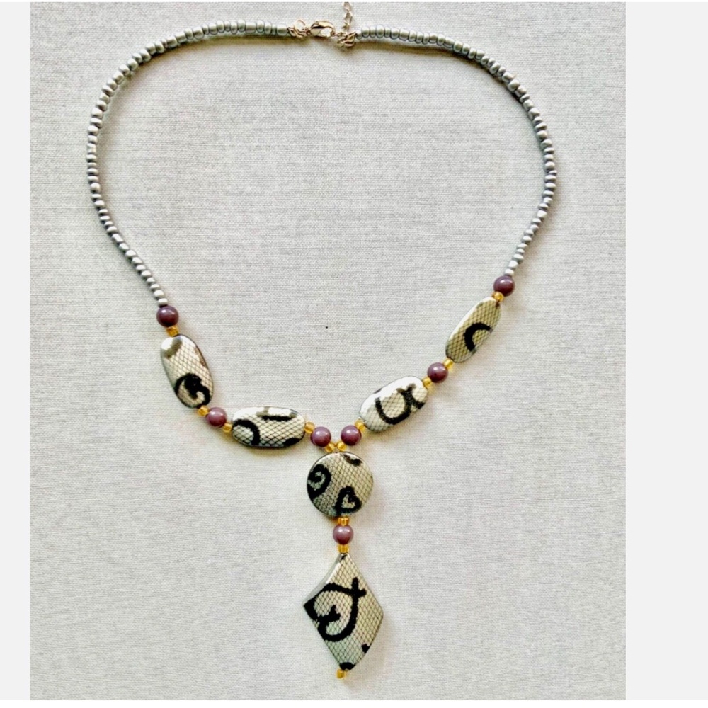 26” BLACK & GRAY GEOMETRIC BEADED NECKLACE ADJUSTABLE ART DECO LOBSTER CLASP